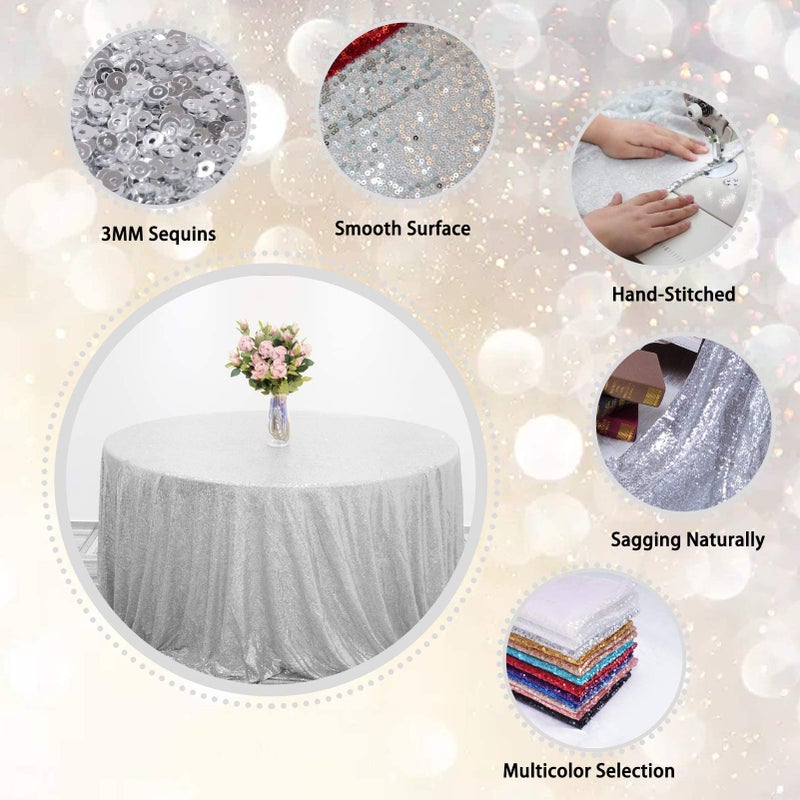 TCBESTO Silver Sequin Tablecloth 120" Round Sparkly Table Cover Glitter Table Overlay for Party Dinner Festival Wedding Exhibition Dessert - Image 4
